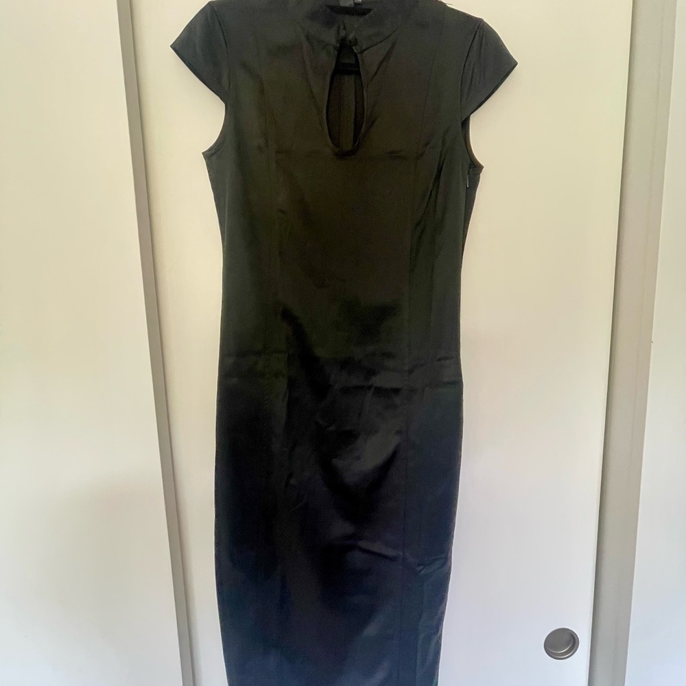 Zara Asian-inspired Black Satin Sheath Midi Dress Mock Neck Cap Sleeve
